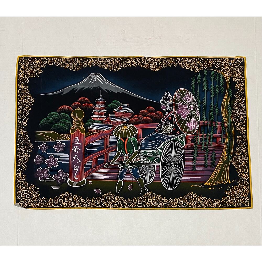 Vintage Japanese Velvet Fabric Picture Hand Painted Art Wall Hanging Japan
